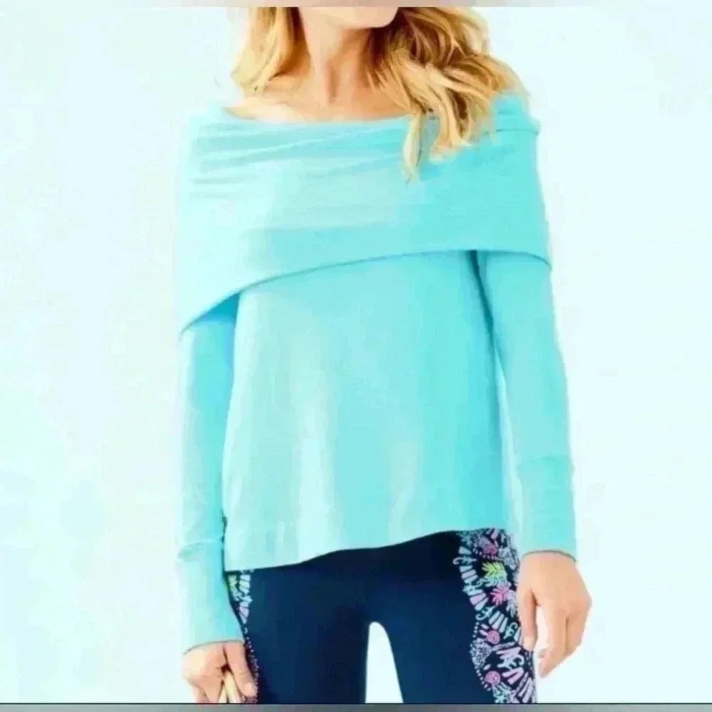Lilly Pulitzer Off The Shoulder Long Sleeve Modal Spandex Top Aqua Blue sz M